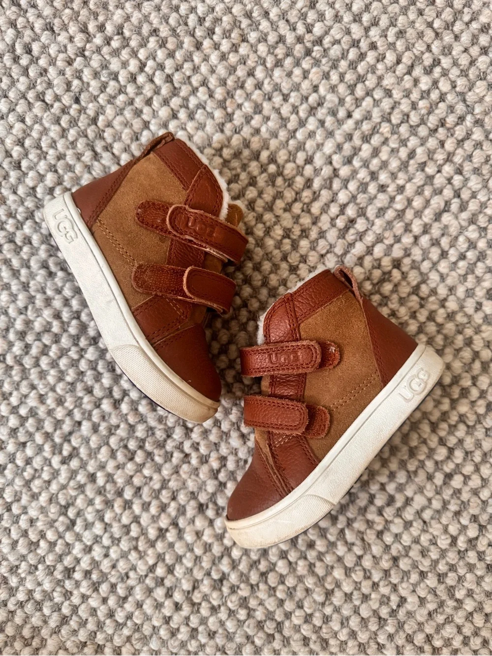 UGG Rennon II Baby/Toddler Walker Brown Leather & Suede Velcro High-Top Sneakers